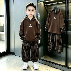 批发<b class='q'>男童</b>秋<b class='q'>装</b>格子卫衣套装秋季2026连帽新款儿童韩版休闲两件套