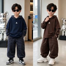 批发<b class='q'>男童</b>秋<b class='q'>装</b>连帽格子卫衣套装秋季2026新款儿童韩版休闲两件套