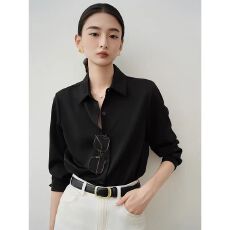 品位进阶 黑色衬衫女高级感缎面垂感新款衬衣职业面试OL通勤上衣