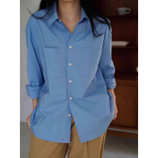 批发法式休闲蓝色长袖衬衫女春夏高级感慵懒<b class='q'>宽松</b>垂感衬衣内搭叠穿上衣