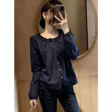 批发<b class='q'>韩版</b>木耳边圆领系带长袖<b class='q'>衬衫女</b>春装高级感复古小众气质百搭上衣