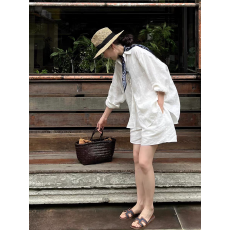 老钱风亚麻衬衫套装女夏慵懒松弛宽松简约高端棉麻衬衫短裤两件套