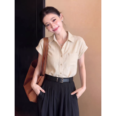 批发法式小资漂亮亚麻短袖衬衫女夏季薄款小个子通勤穿搭翻领别致上衣