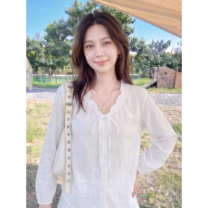 批发法式温柔风白色V领系带衬衫女气质上衣高级感长袖衬衫女上衣