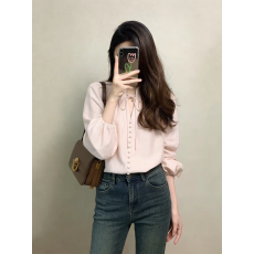 批发法式小资别致粉色v领系带雪纺衬衫女春秋2026年新款<b class='q'>泡泡袖</b>上衣