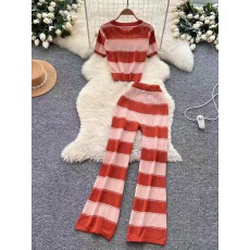 批发<b class='q'>夏</b>装一整套穿搭女韩版时尚镂空圆领拼色短袖上衣针织高腰阔腿裤子