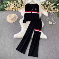 批发时尚灰色套装女<b class='q'>夏</b>季设计感单排扣显瘦针织长袖上衣条纹刺绣阔腿裤