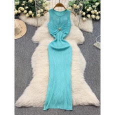 批发名媛性感镂空别致系扣圆领连衣裙女<b class='q'>夏</b>季弹力针织显腰翘臀显瘦长裙