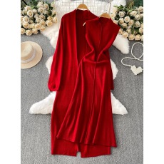 批发慵懒风休闲高级感宽松长款毛衣开衫外套+内搭修身针织连衣裙套装