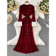 批发高级感外穿单排扣V领针织拼接长袖<b class='q'>连衣裙</b>女秋冬气质优雅鱼尾长裙