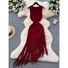 批发法式针织无袖<b class='q'>连衣裙</b>女秋季流苏修身显瘦不规则设计别致绝美短裙子