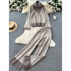 批发欧货时髦套<b class='q'>装</b><b class='q'>女</b>高级感搭配围巾宽松撞色长袖针织上衣高腰毛衣长裤