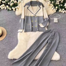 批发小香风穿搭高级感套装<b class='q'>女</b>宽松时尚拼色翻领针织<b class='q'>开衫</b>+高腰阔腿长裤