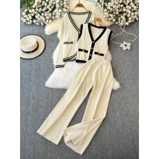 批发时尚套装女冬季新款<b class='q'>韩版</b>条纹针织上衣+高腰显瘦阔腿裤休闲两件套