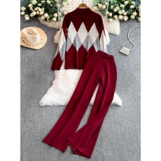 批发高级感小众复古菱形格半高领针织毛衣+休闲高腰显瘦阔腿裤两件套