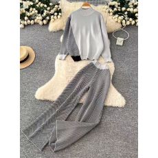 批发欧美洋气时尚套装女<b class='q'>秋</b>冬宽松百搭圆领长袖拼色针织上衣高腰阔腿裤