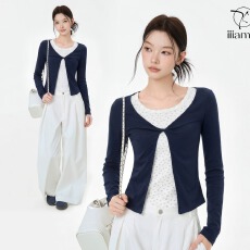 藏青色碎花假两件长袖t恤女秋冬设计感内搭打底衫修身上衣