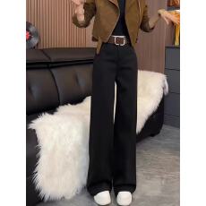 批发黑色高级感毛呢阔腿裤女<b class='q'>秋</b>冬2025新款宽松垂感高腰直筒休闲拖地裤