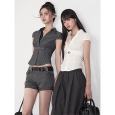 批发<b class='q'>蕾丝</b>拼接白色polo领短袖衬衫女夏季修身收腰气质衬衣小众显瘦上衣