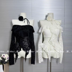 批发纯欲气质一字露肩荷叶边长袖蕾丝衫女收腰显瘦<b class='q'>不规则</b>设计感上衣秋