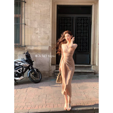 批发气质V领扭结绑带收腰连衣裙女入秋款修身显瘦超好看长袖包臀裙<b class='q'>子</b>