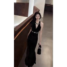 批发法式透视网纱拼接V领重工钉钻轻奢晚礼服风情万种性感丝绒连衣裙