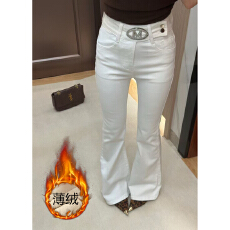 批发加绒保暖水洗高腰显瘦微喇<b class='q'>牛仔裤</b>女2025秋冬<b class='q'>烫钻</b>金属扣修身喇叭裤