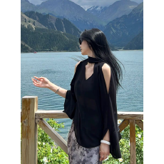 批发黑色飘带露肩长袖<b class='q'>雪纺</b><b class='q'>衬衫</b>女早秋气质宽松<b class='q'>衬衣</b>设计感chic独特上衣