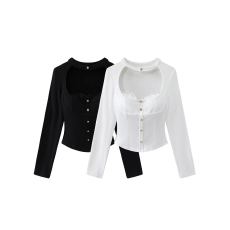 批发辣妹挂脖低领显胸排扣长袖打底衫女秋冬蕾丝拼接收腰内搭短款<b class='q'>上衣</b>