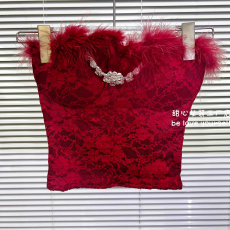 批发法式纯欲风性感蕾丝镶钻毛毛抹胸背心秋冬新款时尚内搭裹胸上衣女