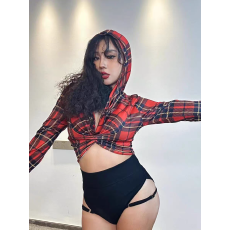 批发纯欲甜辣妹y2k短款上衣<b class='q'>女</b>秋冬美式红色格子长袖t恤连帽打底衫内搭