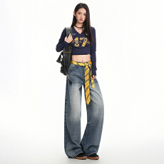 批发复古水洗蓝牛仔裤2025秋冬新款季美式高街自然腰腰宽松阔腿拖地裤