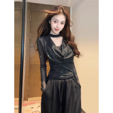 批发纯欲辣妹性感挂脖上衣女秋冬亮片荡领长袖t恤<b class='q'>网纱</b>蕾丝<b class='q'>打底衫</b>内搭