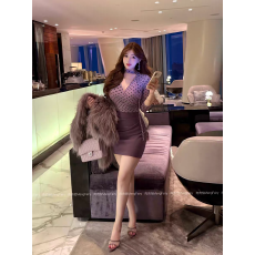 批发紫色<b class='q'>波点</b>假两件<b class='q'>连衣裙</b>女秋季长袖收腰裙子御姐风气质性感包臀短裙