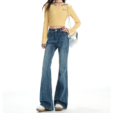 批发复古蓝弹力甜辣高腰喇叭<b class='q'>牛仔裤</b>女秋季新款不贴腿提臀显瘦马蹄裤