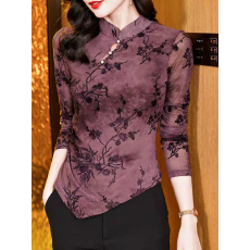 批发新中式国风紫色蝴蝶长袖<b class='q'>t</b><b class='q'>恤</b>女秋季纯欲立领上衣不规则打底衫内搭