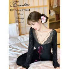 批发蕾丝拼接系带v领长袖连衣裙女秋冬带胸垫鱼尾裙子纯欲风<b class='q'>包臀</b><b class='q'>长裙</b>