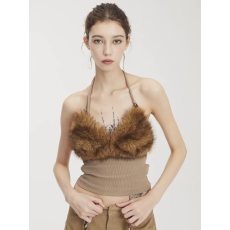 批发复古性感V领毛毛无袖挂脖裹胸小<b class='q'>背心</b>纯欲辣妹设计感露背显瘦上衣