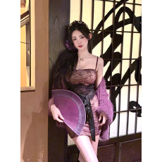 批发纯欲风紫色<b class='q'>吊带</b><b class='q'>连衣裙</b>女秋季蝴蝶结绑带蕾丝裙子修身收腰包臀短裙