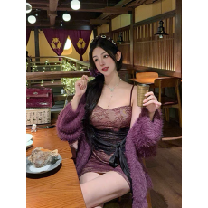 批发纯欲风紫色<b class='q'>吊带</b><b class='q'>连衣裙</b>女秋季蝴蝶结绑带蕾丝裙子修身收腰包臀短裙