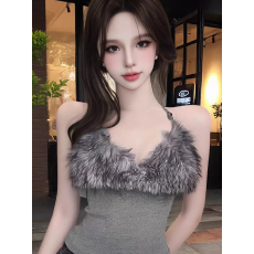 批发纯欲风毛毛拼接挂脖吊带<b class='q'>背心</b>深<b class='q'>冬</b>辣妹穿搭内搭修身短款打底上衣女