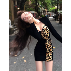 批发名媛黑色豹纹抹胸连衣裙女秋冬纯欲性感<b class='q'>包臀裙</b>显身材打底内搭裙子