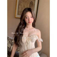 批发蕾丝拼接纯欲吊带背心女夏季鱼骨修身内搭设计感无袖短款外穿上衣