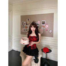 批发复古红色格子吊带背心女夏季穿搭内搭辣妹修身打底外穿抹胸短上衣