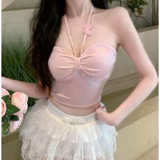 批发性感辣妹镶钻挂脖抹胸上衣女外穿夏装纯欲吊带裹胸带胸垫内搭背心