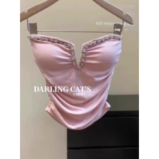 批发多巴胺粉色吊带背心女外穿夏季辣妹性感v领抹胸小上衣带胸垫绝美