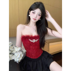 批发法式纯欲蕾丝镶钻毛毛抹胸背心女冬内搭短款打底裹胸背心无袖上衣