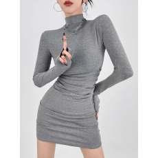 批发纯欲辣妹灰色半高领内搭连衣裙女秋冬季修身显瘦打底<b class='q'>包臀裙</b>子