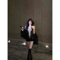 批发纯欲性感辣妹风水钻流苏挂脖吊带背心女秋季新款修身显瘦内搭上衣