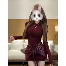 批发纯欲风性感紧身收腰圆领长袖<b class='q'>连衣裙</b>女显身材褶皱气质打底包臀短裙